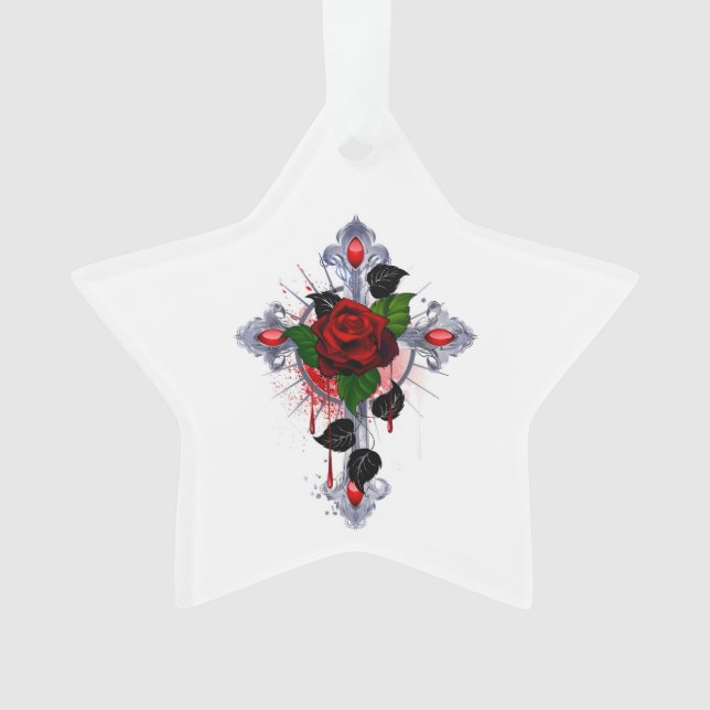 Ornamento Cruz de Prata com Rosa vermelha (Frente)