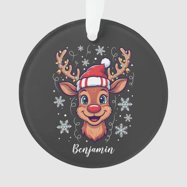 Ornamento Custom Christmas Cheer Cute Reindeer in Hat  (Frente)