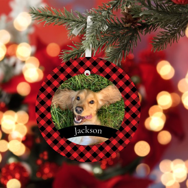 Ornamento Custom Pet Photo Christmas Red Plaid Ceramic Ornam (Criador carregado)