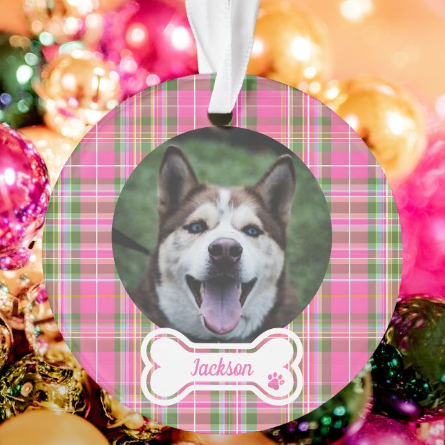 Ornamento Custom Pet Photo Ornament Pink & Green Plaid Bone  (Custom Pet Photo Ornament Pink & Green Plaid Bone
)