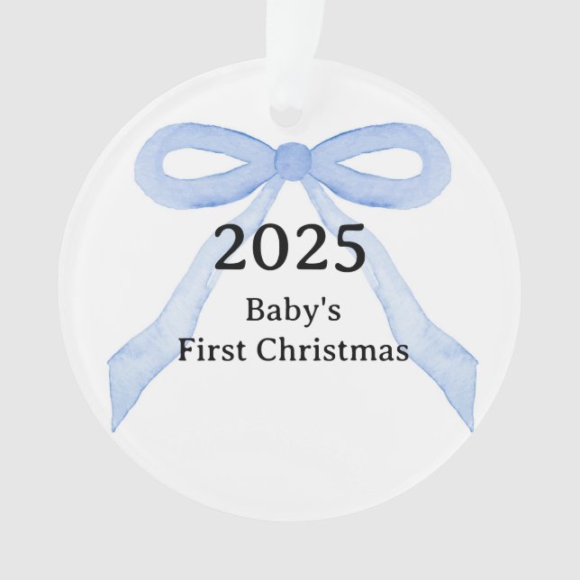 Ornamento Custom Photo Baby's First Christmas YEAR Blue Bow  (Frente)