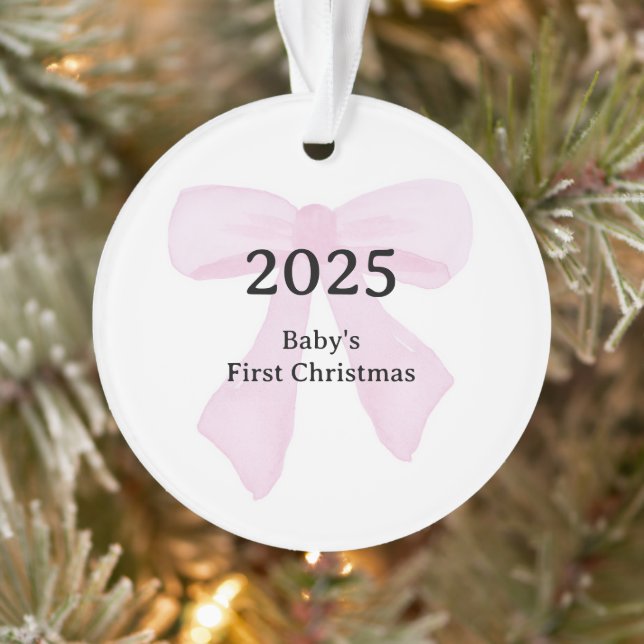Ornamento Custom Photo Baby's First Christmas YEAR Pink Bow  (Árvore)