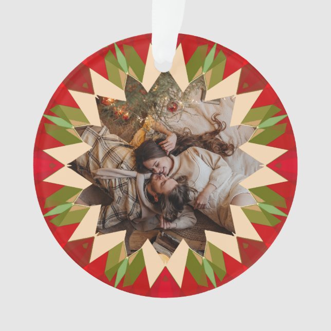 Ornamento Custom Red Green Christmas Star Photo Gift Tree (Frente)