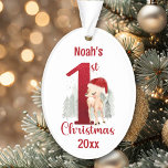 Ornamento Cute Deer Santa Hat Primeiro Natal<br><div class="desc">Primeiro ornamento de Natal com um lindo veado de Natal com chapéu de Papai Noel e grande número vermelho. Personalize facilmente o texto. - Kate Eden Art</div>