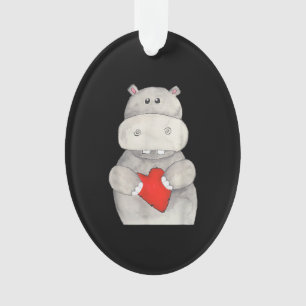 Ornamento Cute Hippo Hippopotamus Segurando Coração Love H