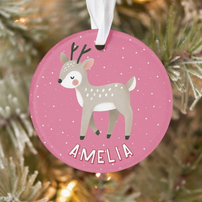 Ornamento Cute Pink Reindeer Kid`s Name Christmas (Árvore)