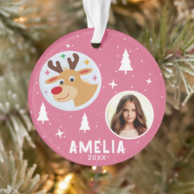 Ornamento Cute Pink Reindeer Kid`s Name Photo Christmas (Árvore)