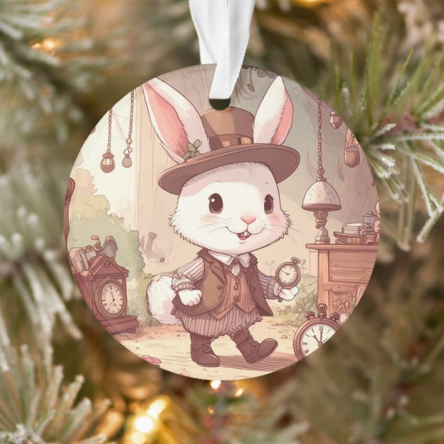 Ornamento Cute White Rabbit Wonderland Whimsical Timekeeper (Árvore)