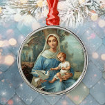 Ornamento da Madona Azul Francesa<br><div class="desc">O ornamento da Madona Azul Francesa apresenta uma imagem de um belo cartão sagrado francês antigo impresso no final do século XIX. Jesus e a Mãe Abençoada estão cercados por pombas brancas e uma paisagem arborizada nebulosa.</div>
