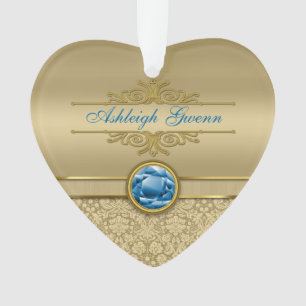 Ornamento Damasco Dourado metálico de pedra preciosa azul d
