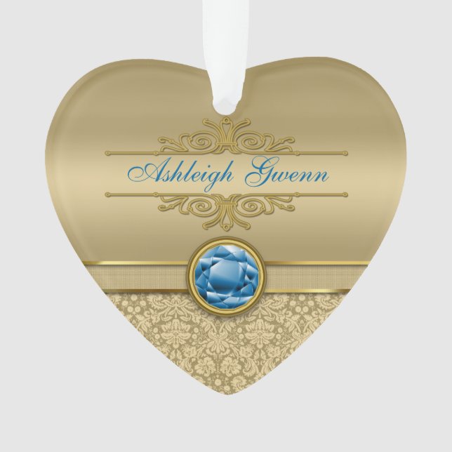 Ornamento Damasco Dourado metálico de pedra preciosa azul da (Frente)