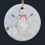 Ornamento de Arte Canina Borzoi e Snowman<br><div class="desc">Este ornamento mostra uma reprodução da minha pintura original de aquarela de dois borzoi e boneco de neve.</div>