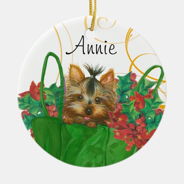 Ornamento de Árvore de Natal Yorkie com Holly (Frente)