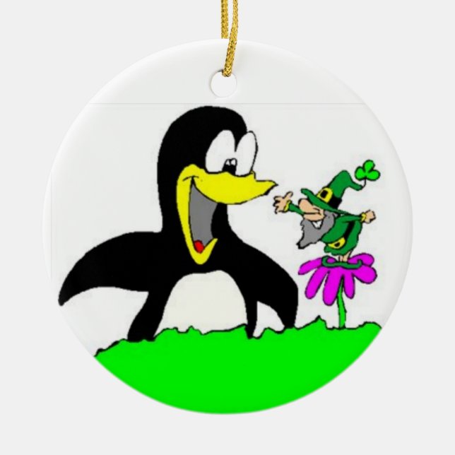 Ornamento de Cartoon Penguin e Leprechaun (Frente)