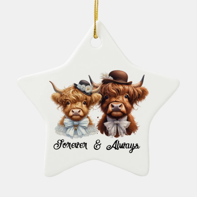Ornamento de Casal de Vaca Highland Personalizado (Frente)