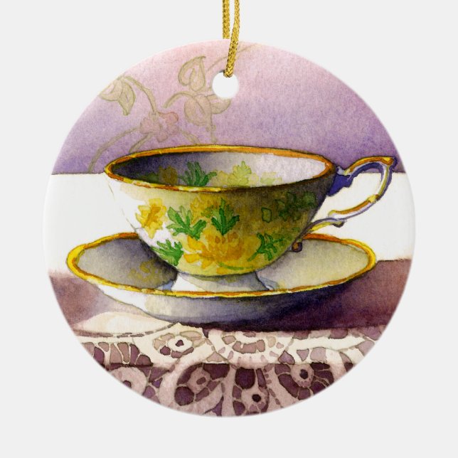 Ornamento De Cerâmica 0001 Teacup on Lace Ornament (Frente)