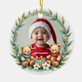Ornamento De Cerâmica 1º Natal 2 lados Teddy Tidings