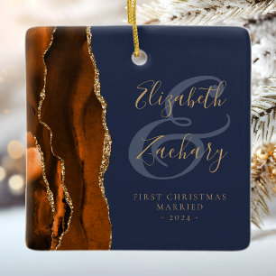 Ornamento De Cerâmica 1º Natal Casado Laranja Queimado Ágata Azul Marinh