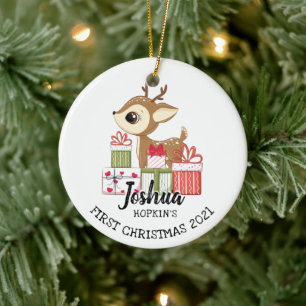 Ornamento De Cerâmica 1º Natal do Bebê Cerveja Fawn Deer Doe Fofo de Inv