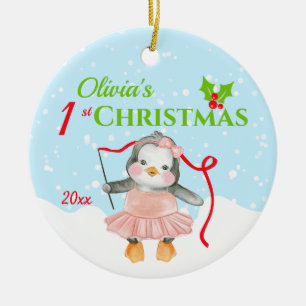 Ornamento De Cerâmica 1º Natal do Bebê Foto de Pinguim Bailarina Rosa