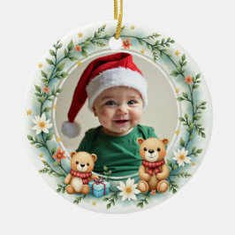 Ornamento De Cerâmica 1º Natal Urso de Abraços & Azevinho de 2 lados