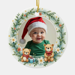 Ornamento De Cerâmica 1º Natal Urso de Abraços & Azevinho de 2 lados