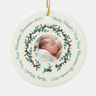 Ornamento De Cerâmica 1º Veado de Natal com Coroa Verde-azulado Creme2