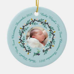Ornamento De Cerâmica 1º Veado de Natal com Guirlanda Teal2