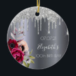 Ornamento De Cerâmica 100th birthday silver glitter drips burgundy<br><div class="desc">An ornament for a 100th birthday. A dark faux silver metallic looking background. Decorated with dark purple and burgundy and rose pink flowers, faux silver glitter dripping, paint drip look. Templates for a name, date and age 100. The name is written with a white modern hand lettered style script. Perfect...</div>