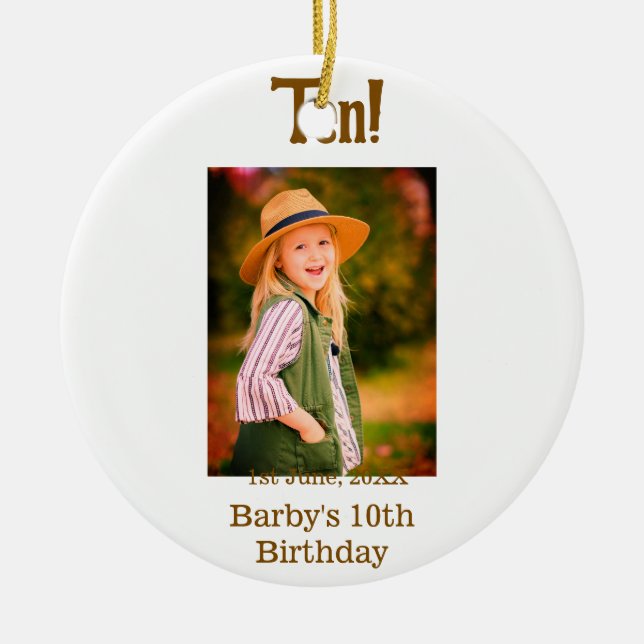Ornamento De Cerâmica 10th birthday photo name date simple brown beige b (Frente)
