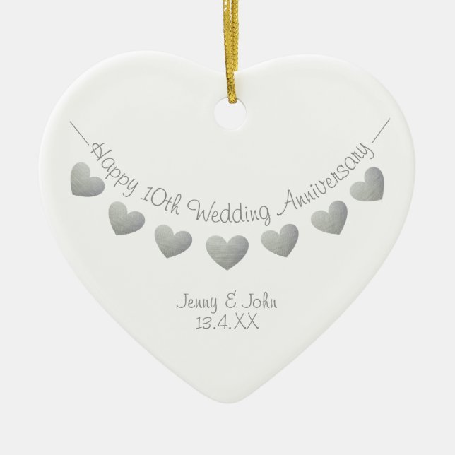 Ornamento De Cerâmica 10th tin wedding anniversary bunting heart (Frente)
