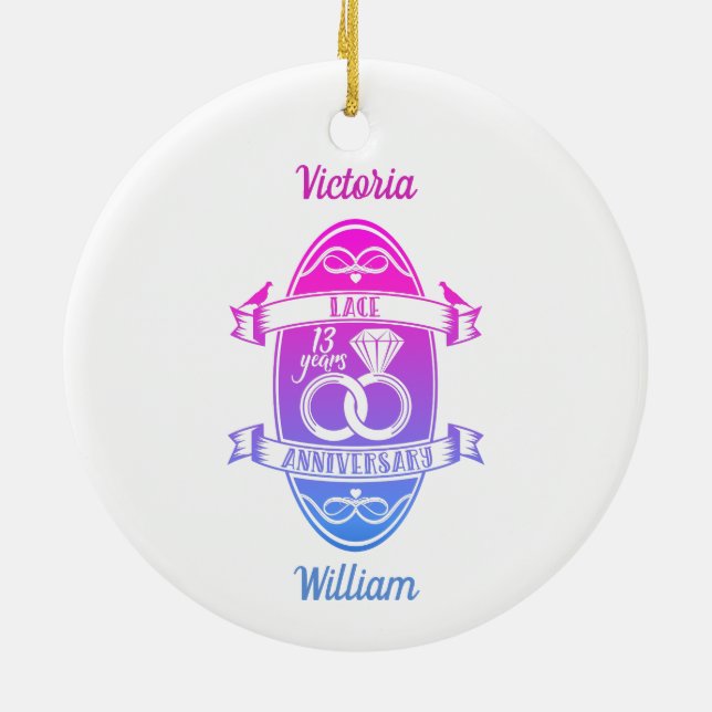 Ornamento De Cerâmica 13 anos de aniversário tradicional do casamento co (Traseira)