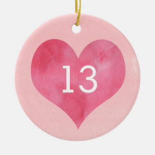 Ornamento De Cerâmica 13 de Aquarela de Coração Rosa AniversárioÓ