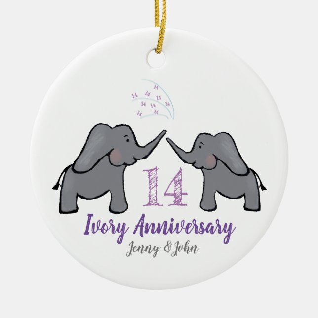 Ornamento De Cerâmica 14th purple ivory elephant anniversary (Frente)