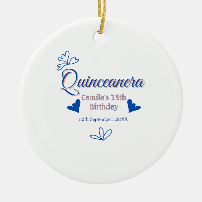 Ornamento De Cerâmica 15 de aniversário rusica mexicana do pêssego azul  (Frente)