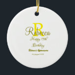 Ornamento De Cerâmica 15 Feliz Aniversário Amarelo Apelido Monograma Mod<br><div class="desc">design</div>