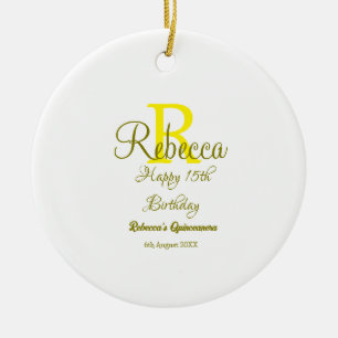 Ornamento De Cerâmica 15 Feliz Aniversário Amarelo Apelido Monograma Mod