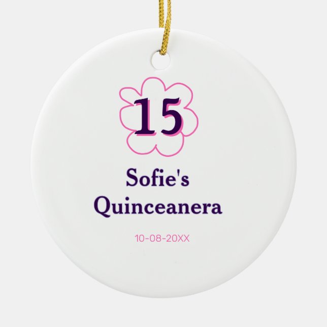 Ornamento De Cerâmica 15 quinceanera feliz aniversário rosa púrpura (Frente)