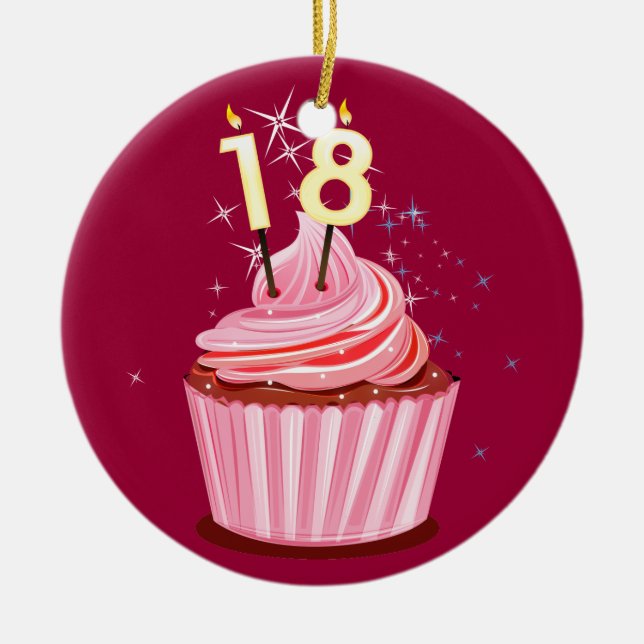 Ornamento De Cerâmica 18.º aniversário - Cupcake rosa (Frente)