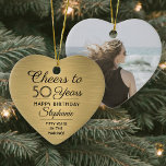 Ornamento De Cerâmica 1 Photo ANY Birthday Brushed Black and Gold Heart<br><div class="desc">Cheers and Happy Birthday! Celebrate a joyful milestone birthday with a custom photo heart shaped black and gold ceramic ornament. All wording on this template (including "Cheers to 50 Years") is set up for a 50th birthday, but is simple to personalize for any year or event type. Design features a...</div>