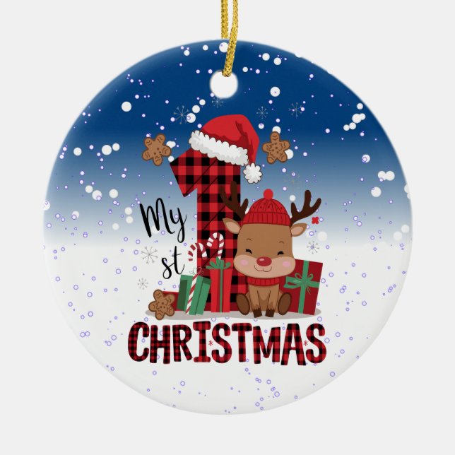 Ornamento De Cerâmica 1rua de Natal Santa Hat White Snow Reindeer (Frente)