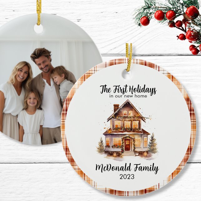 Ornamento De Cerâmica 1rua Feriados Nova Casa Laranja Gingham Boho (1st_holidays_new_home_orange_brown_70s_retro_vibe_ceramic_ornament)