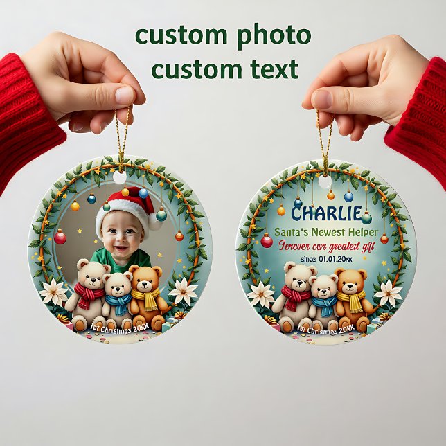 Ornamento De Cerâmica 1st Christmas 2 sided, Bear Hugs & Baubles (1st Christmas 2 sided, Bear Hugs & Baubles Ceramic Ornament)