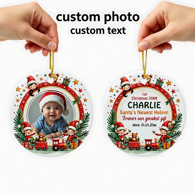 Ornamento De Cerâmica 1st Christmas 2 sided, Elf Express Keepsake (1st Christmas 2 sided, Elf Express Keepsake Ceramic Ornament)