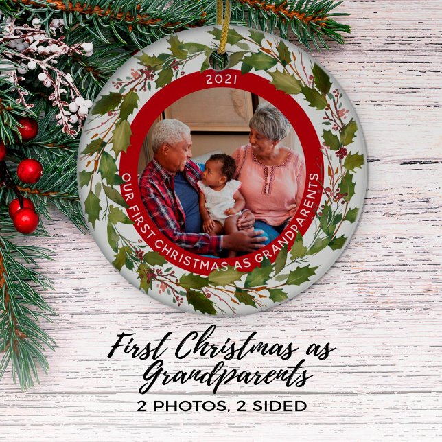 Ornamento De Cerâmica 1st Christmas as Grandparents 2-Photo Wreath (Criador carregado)