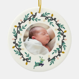 Ornamento De Cerâmica 1st Christmas Deer with Wreath Teal Cream
