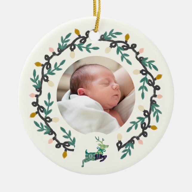 Ornamento De Cerâmica 1st Christmas Deer with Wreath Teal Cream (Frente)