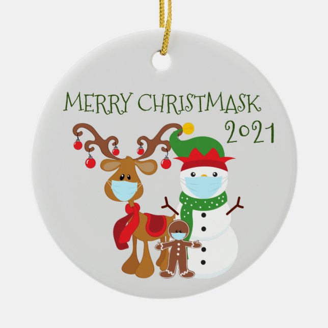 Ornamento De Cerâmica 2021 Feliz Christmask Reindeer Quarantine (Frente)
