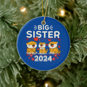 Ornamento De Cerâmica 2024 Big Sister Tiger Love Hearts