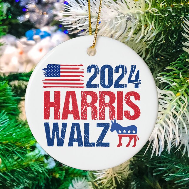 Ornamento De Cerâmica 2024 Harris Walz Democrat Donkey Natal (Criador carregado)